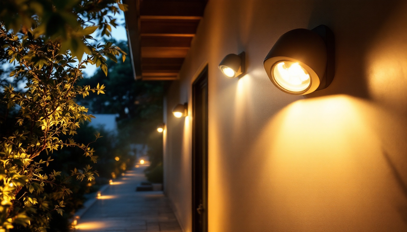 A photograph of a beautifully illuminated exterior space showcasing energy-efficient security lights in action