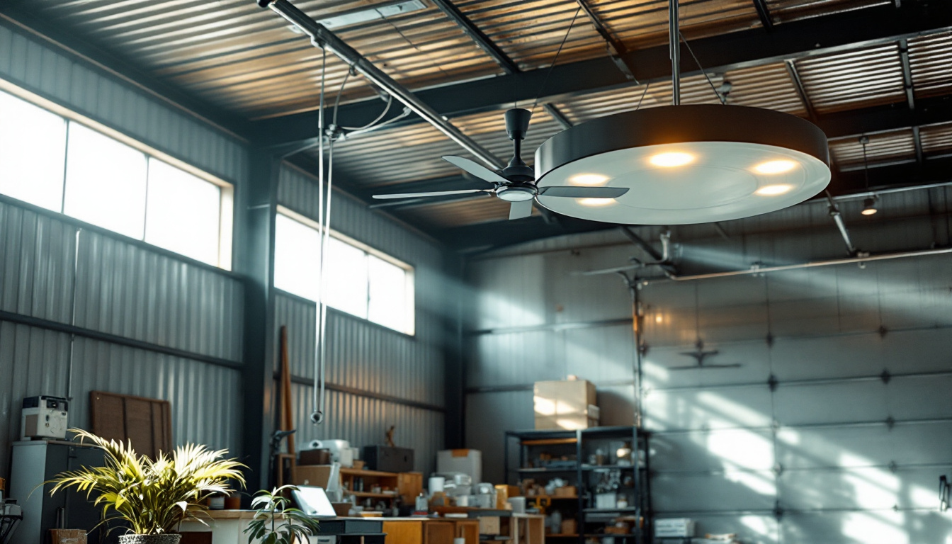 A photograph of a modern metal garage interior featuring an energy-efficient ceiling fan in action