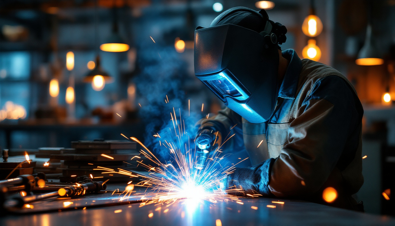 A photograph of a skilled welder using a tig welding torch to create intricate metal designs