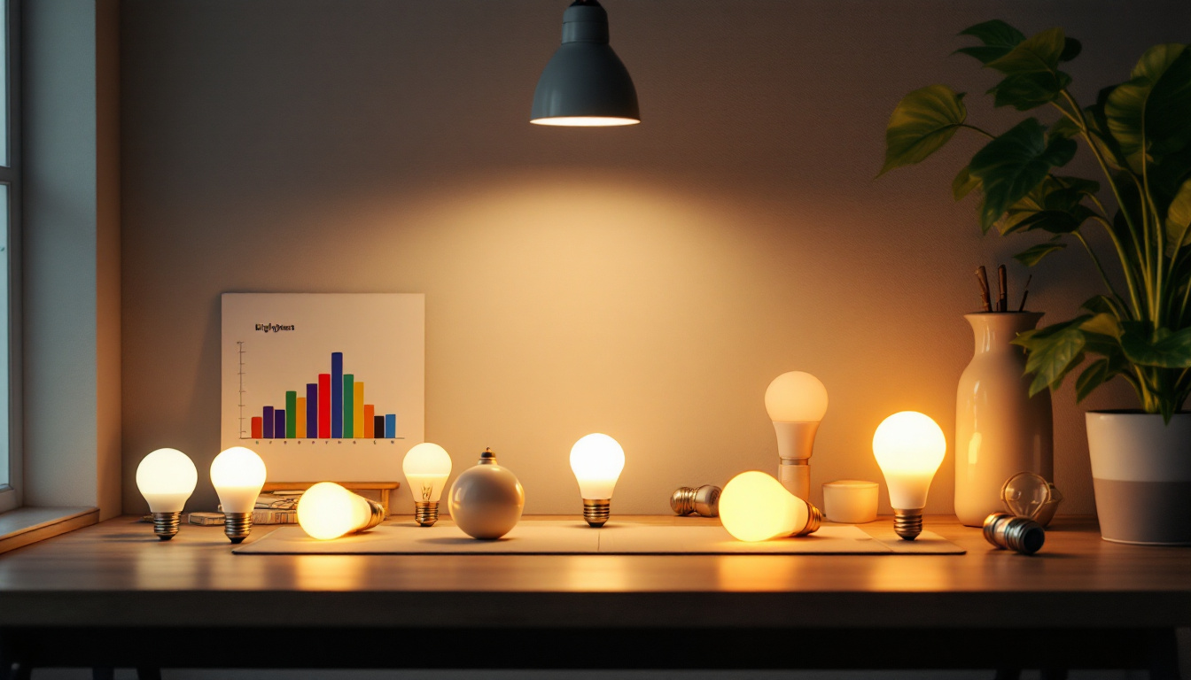 A photograph of a well-lit room showcasing various light bulbs of different brightness levels