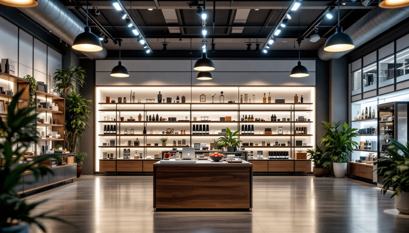 A photograph of a well-lit retail space showcasing bright shop lights that highlight the products on display