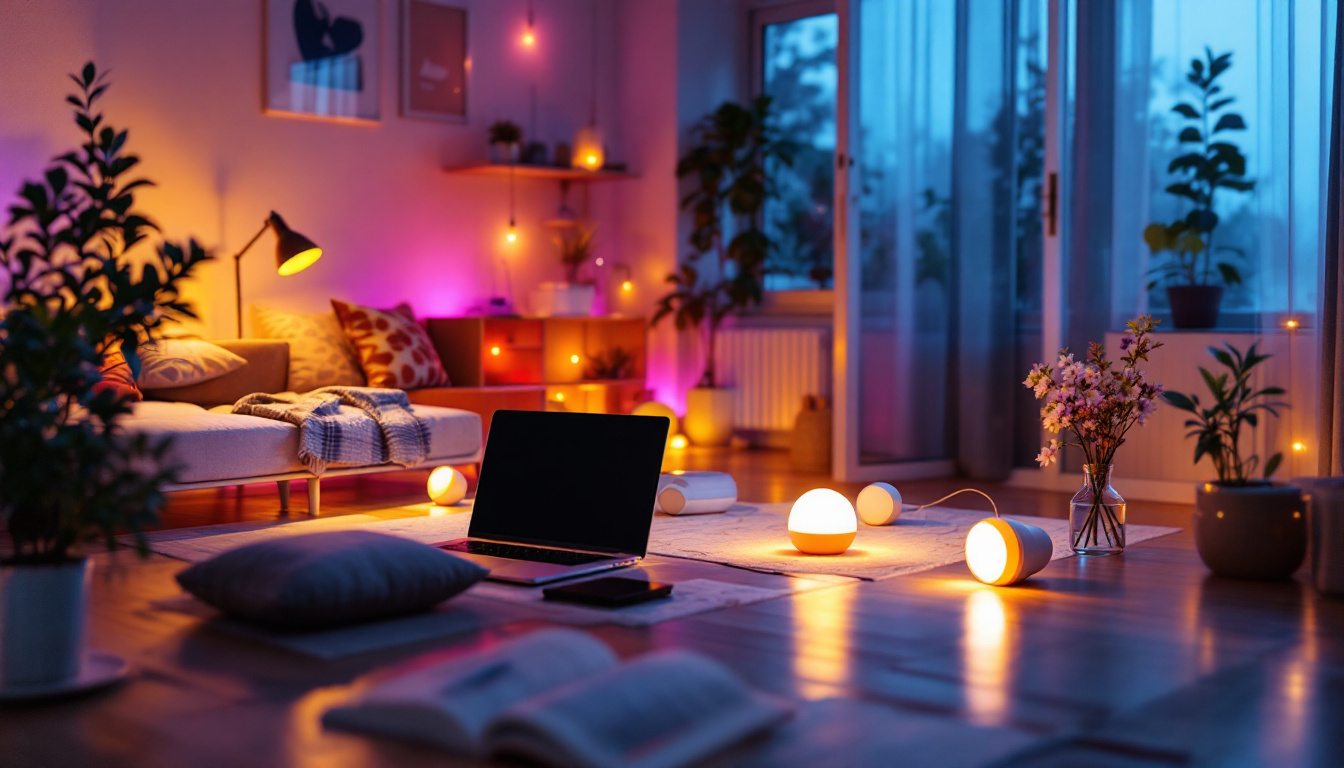 A photograph of a well-lit room showcasing various types of led lights in use