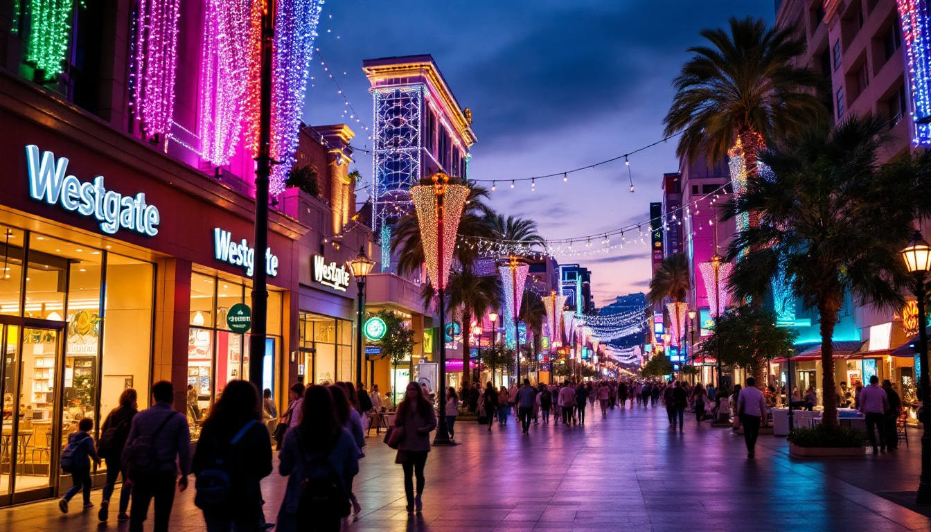 A photograph of capture a photograph of the vibrant westgate lights illuminating a bustling urban scene at dusk