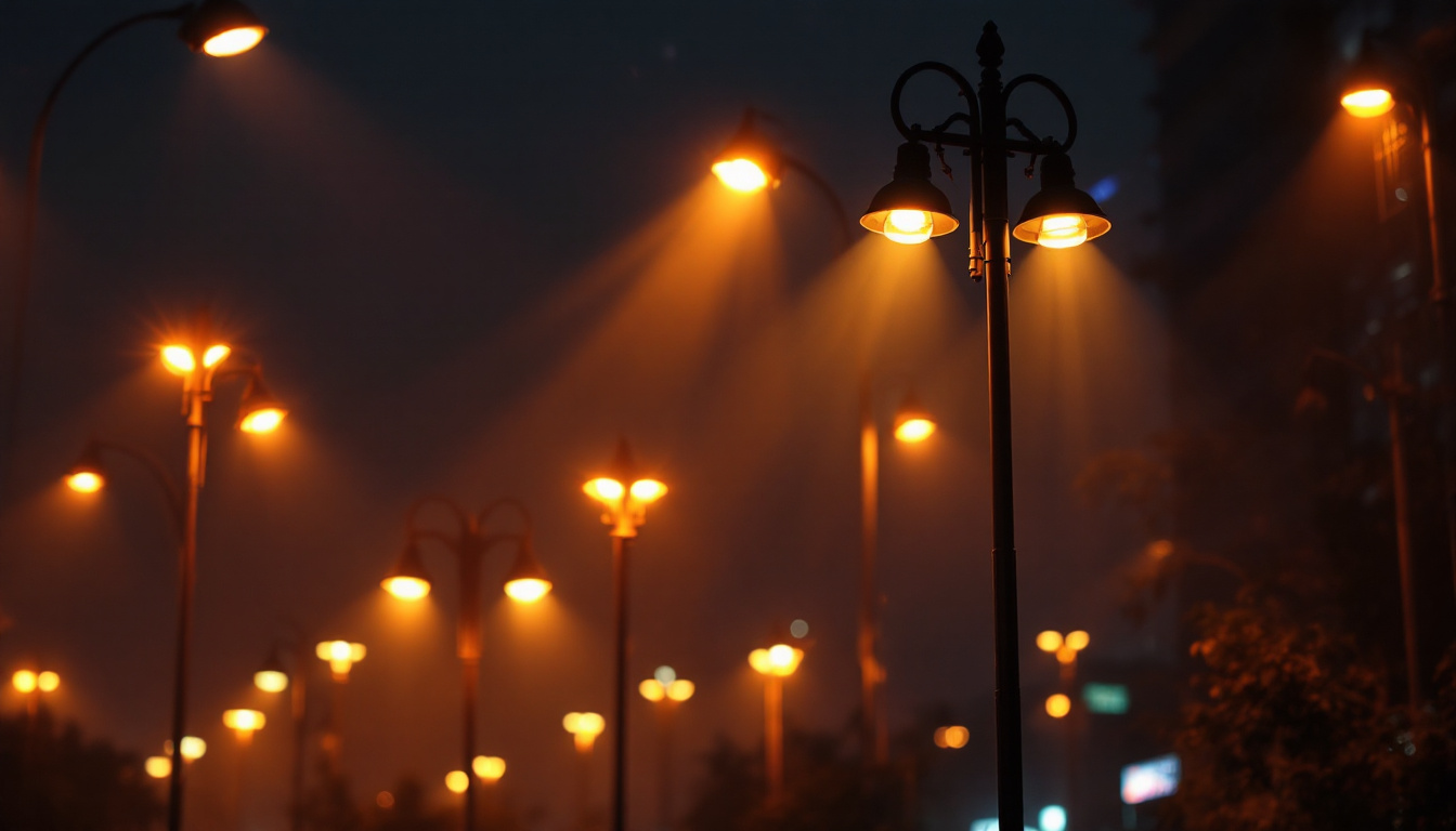 A photograph of a well-lit outdoor scene featuring various types of light poles