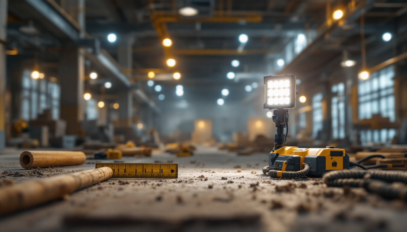 A photograph of a well-designed workspace or construction site where led job lights are seamlessly integrated into the overall lighting design