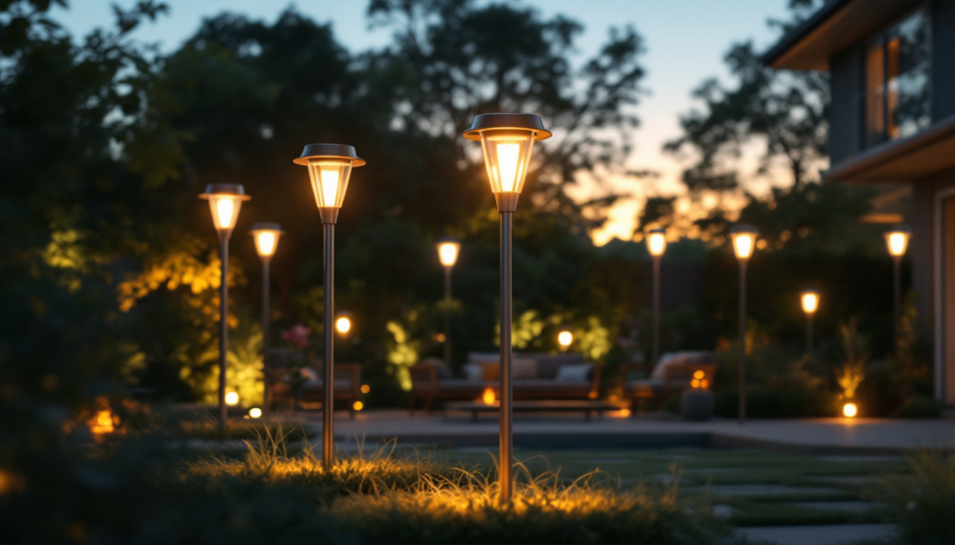 A photograph of a beautifully illuminated outdoor space featuring stylish pole solar lights