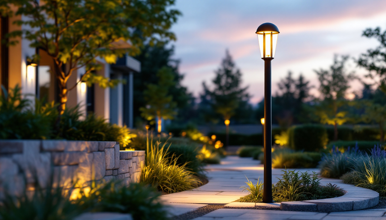 A photograph of a beautifully designed outdoor space featuring a stylish led lamp post that enhances the overall lighting design