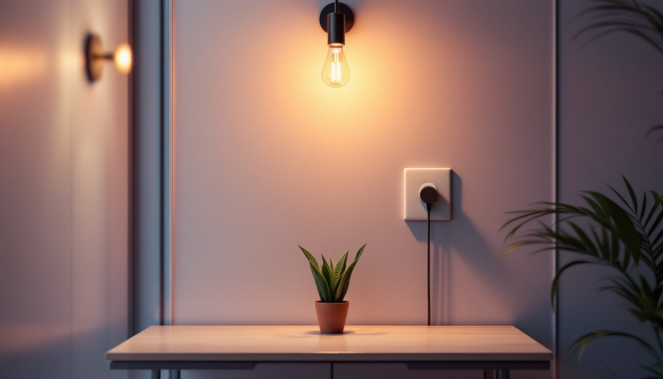 A photograph of a stylishly designed interior space that seamlessly incorporates both modern lighting fixtures and strategically placed outlet electric points