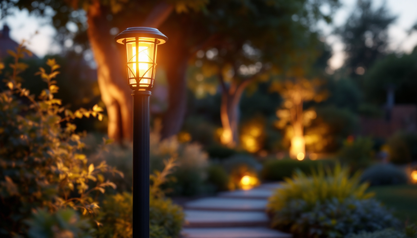 A photograph of a beautifully illuminated solar outdoor light post in a landscaped garden setting during dusk