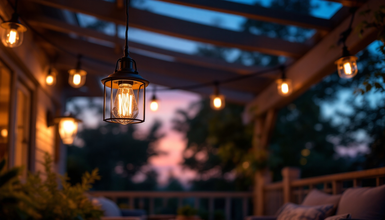 A photograph of a beautifully designed outdoor ceiling light illuminating a cozy patio or porch setting at dusk