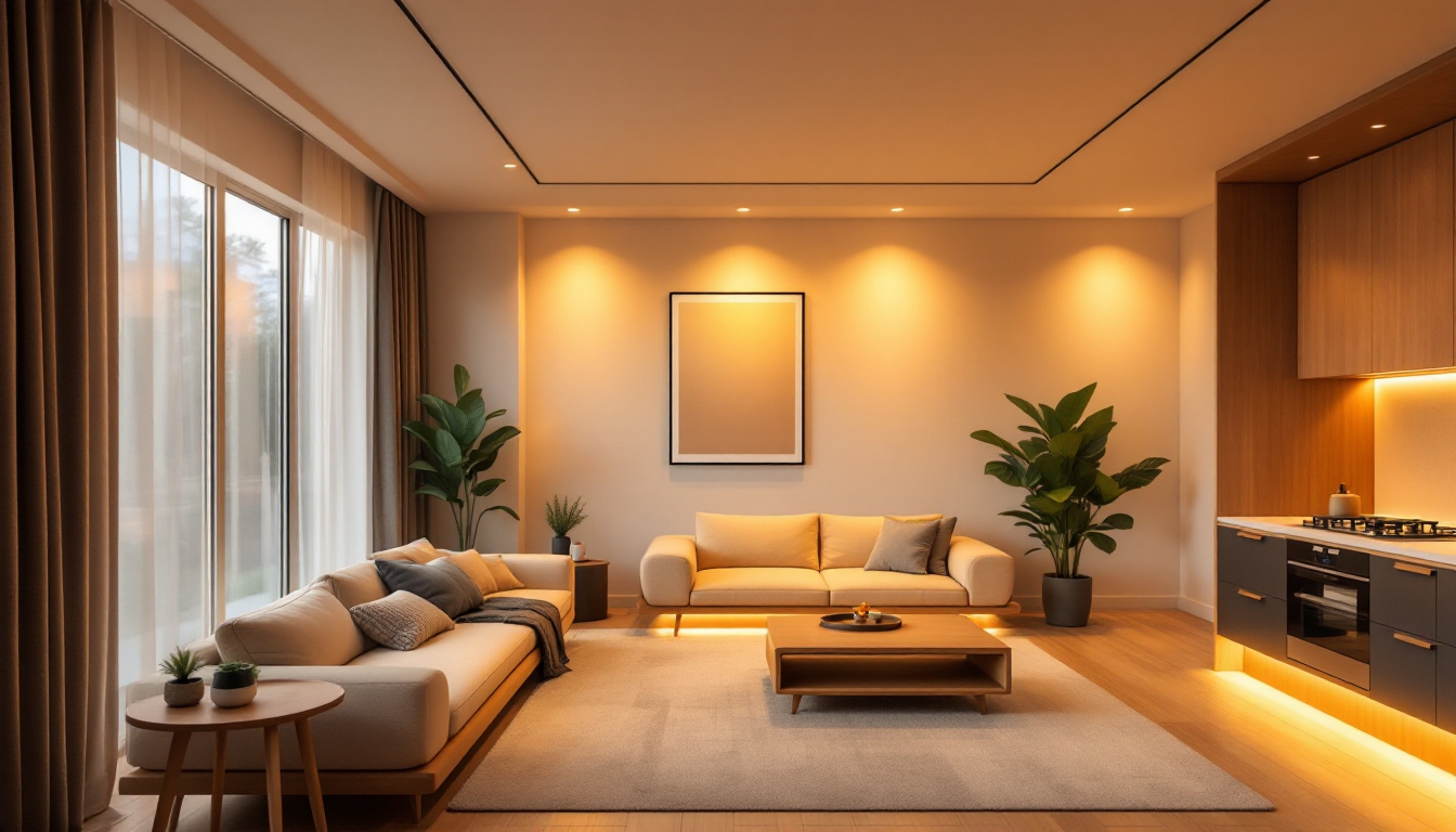 A photograph of a modern living space featuring warm