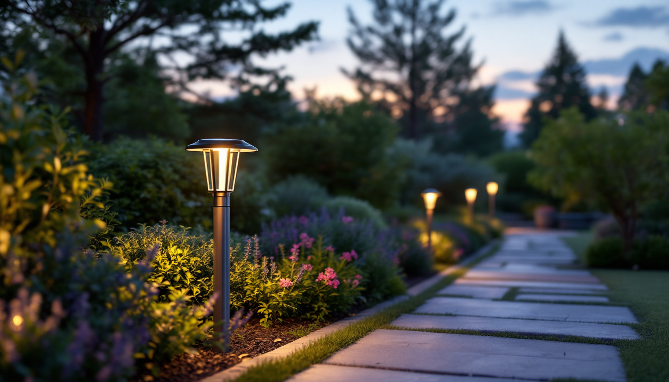 A photograph of a beautifully landscaped outdoor space illuminated by stylish solar sconces at dusk