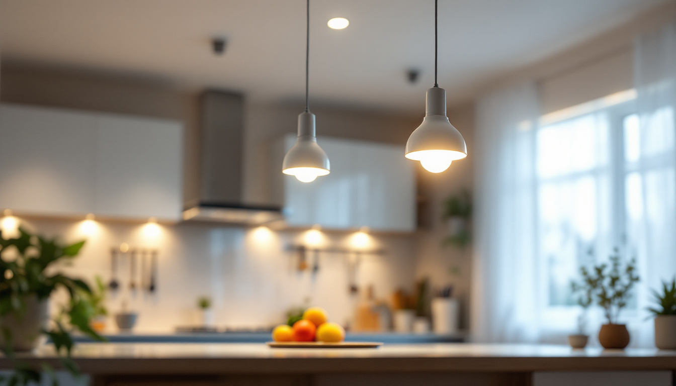 A photograph of a well-lit kitchen or living space showcasing various styles of led can lights installed in the ceiling