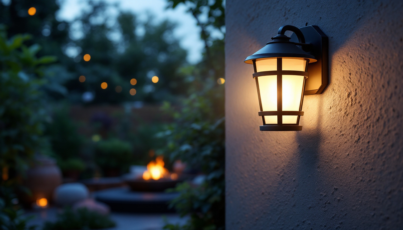 A photograph of a beautifully designed solar outdoor wall lantern illuminating a cozy outdoor space in the evening
