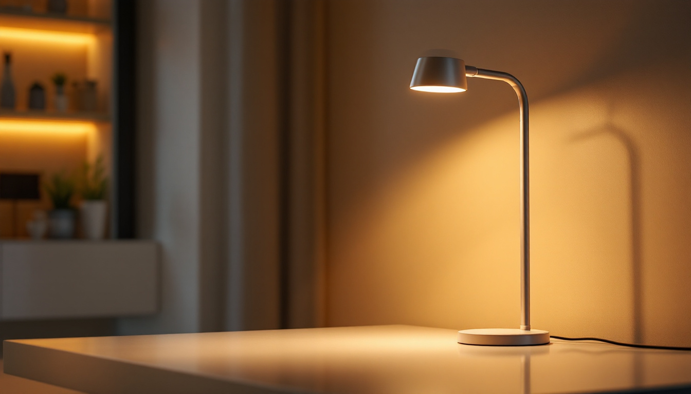 A photograph of a stylishly designed light gooseneck lamp in a contemporary setting