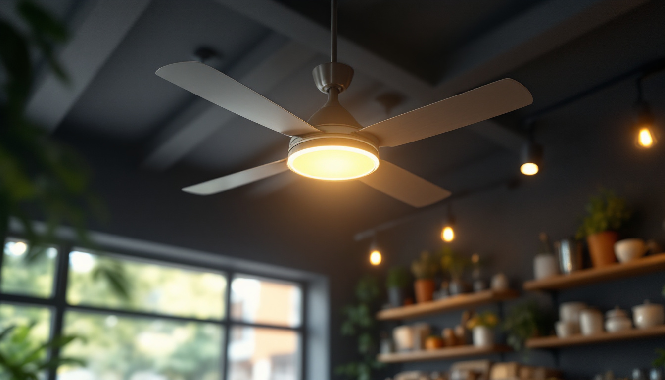 A photograph of a well-lit shop interior featuring a stylish ceiling fan in action