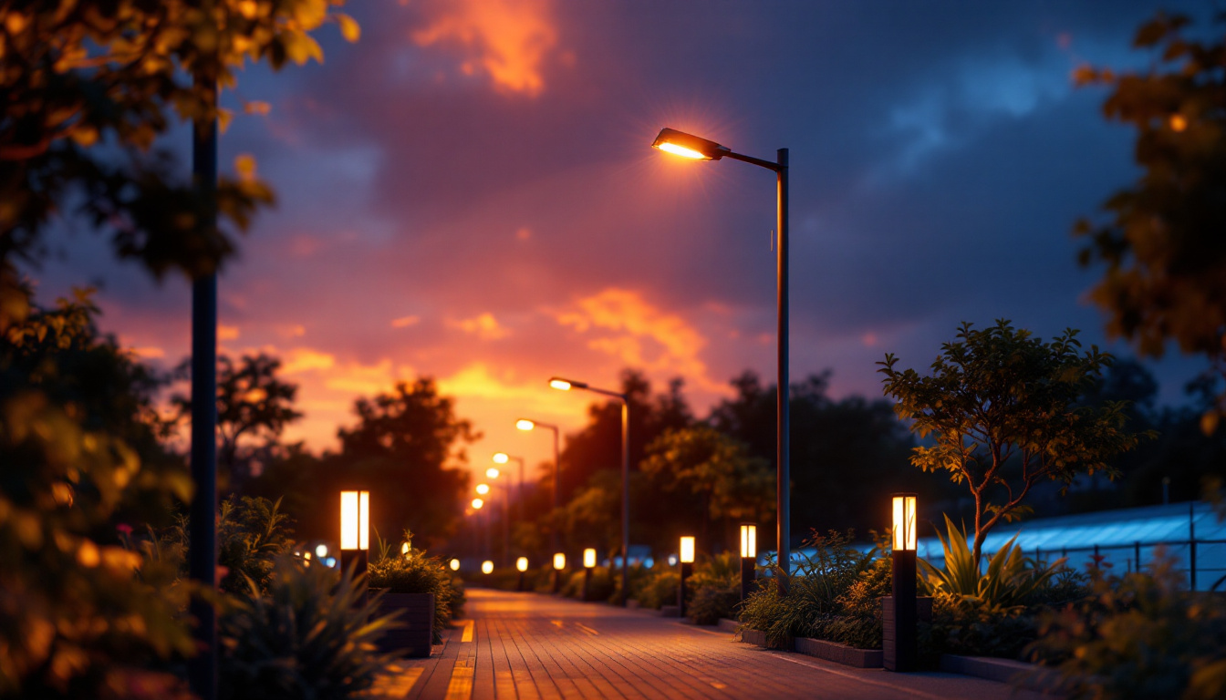 A photograph of a modern street illuminated by energy-efficient pole lights at dusk