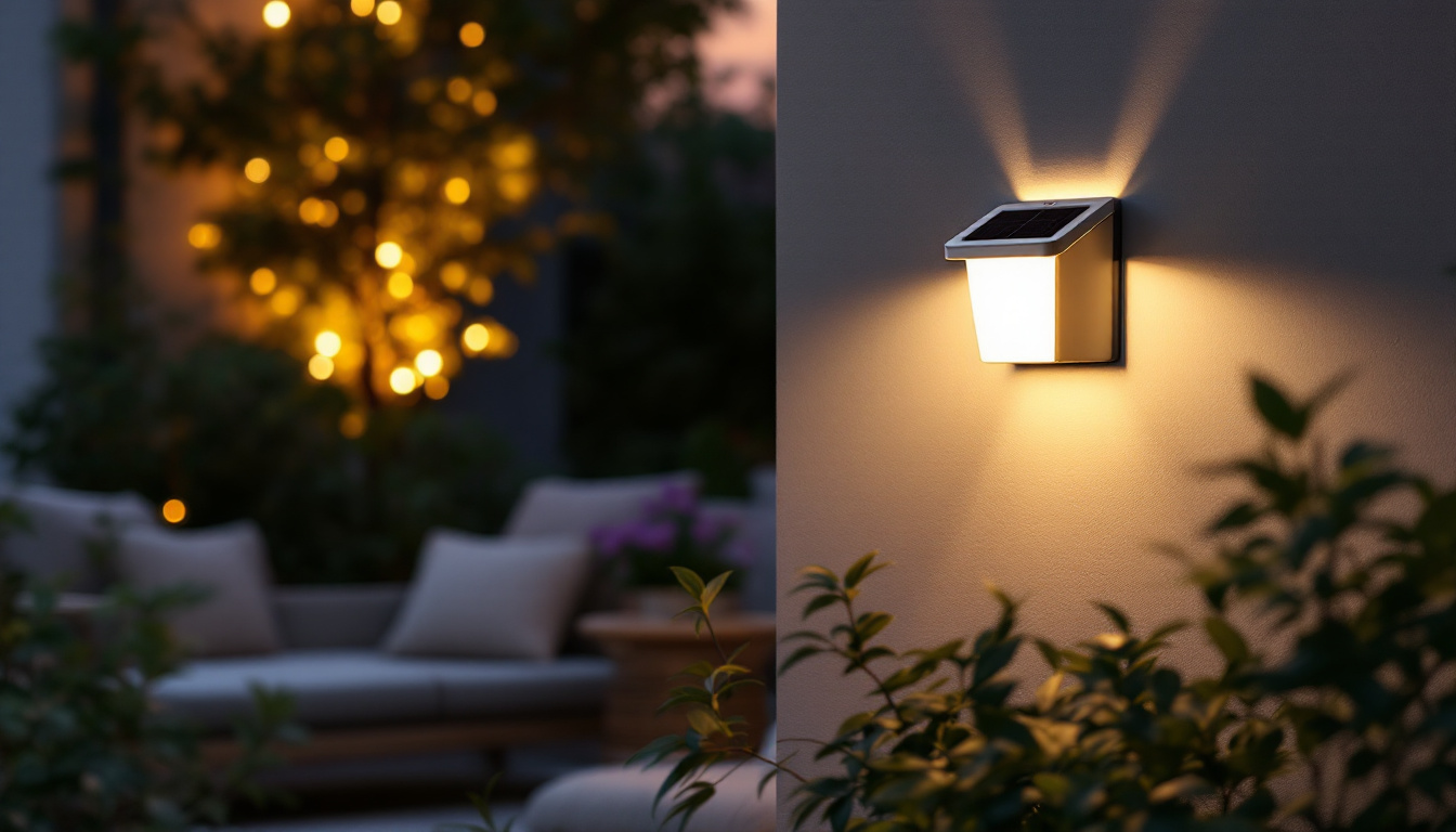 A photograph of a beautifully designed outdoor solar wall sconce illuminating a cozy patio or garden setting at dusk