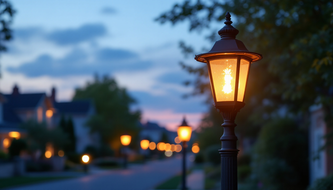 A photograph of a beautifully designed residential light pole illuminating a charming neighborhood street at dusk