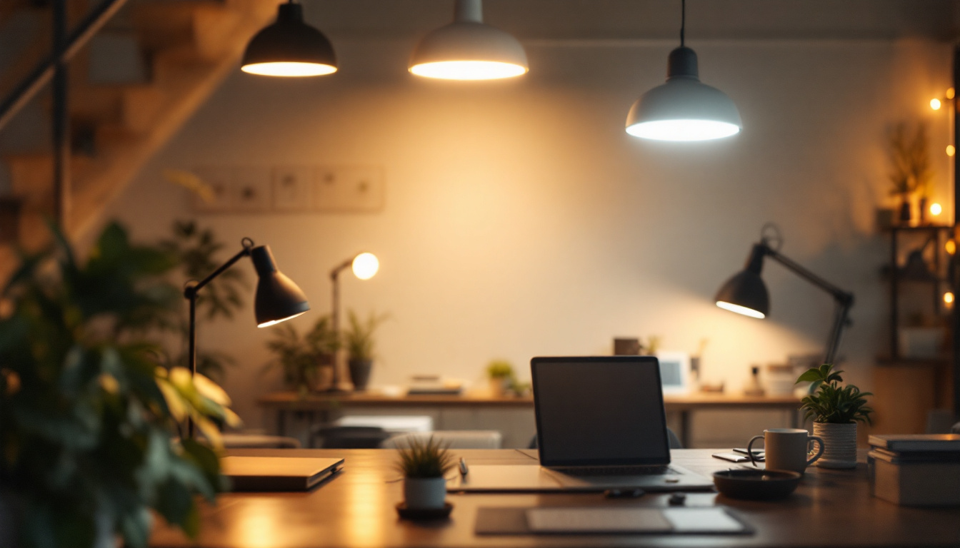 A photograph of a well-lit workspace featuring various models of lotus led lighting fixtures in use