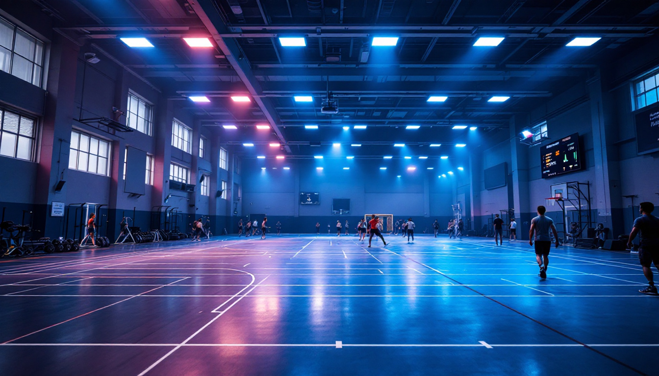A photograph of a modern gymnasium showcasing energy-efficient led lighting in action