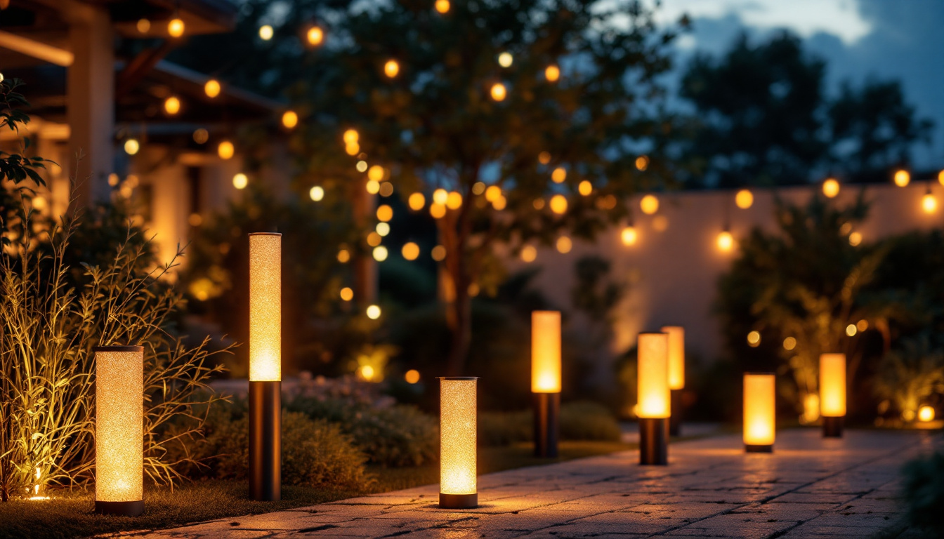 A photograph of a beautifully illuminated outdoor space featuring various styles of cylinder lights in action