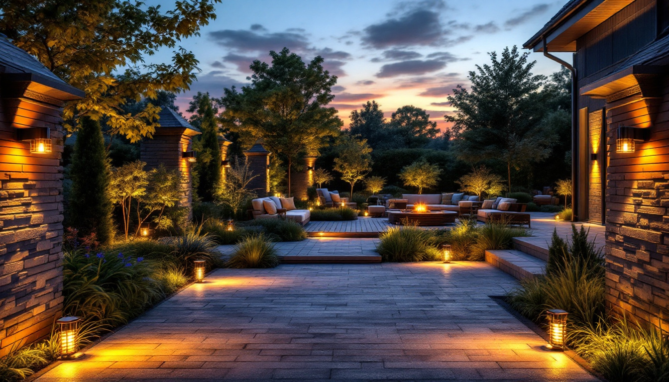 A photograph of a beautifully lit outdoor space at dusk
