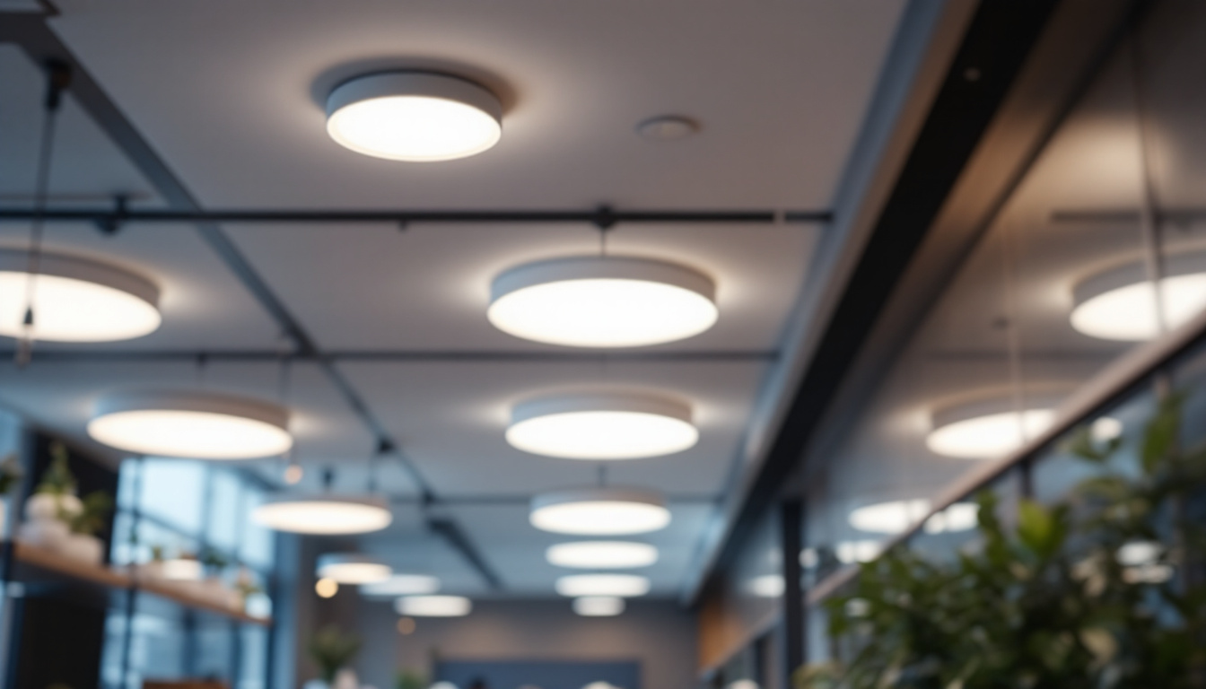 A photograph of a modern interior space featuring suspended ceiling recessed lights