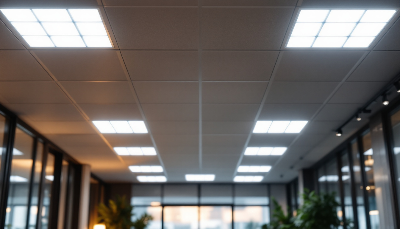 A photograph of a well-lit office or commercial space featuring an array of 2x2 led drop ceiling lights in action