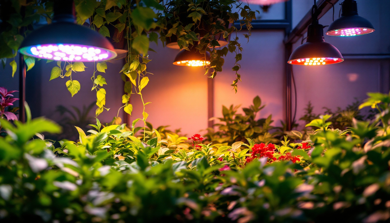 A photograph of a vibrant indoor garden illuminated by various greenhouse grow lamps