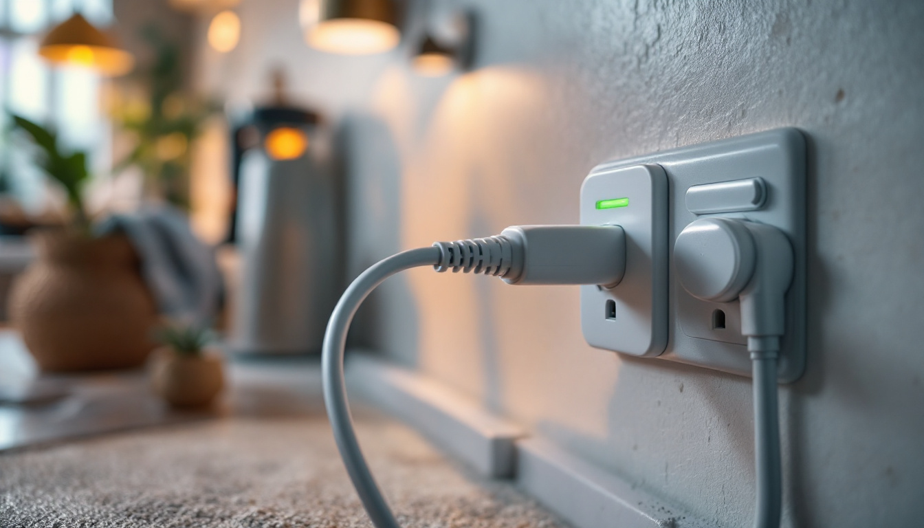 A photograph of a close-up of an energy-efficient plug cord being used with various eco-friendly appliances in a modern home setting