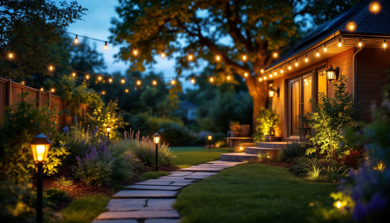 A photograph of a beautifully lit backyard at dusk