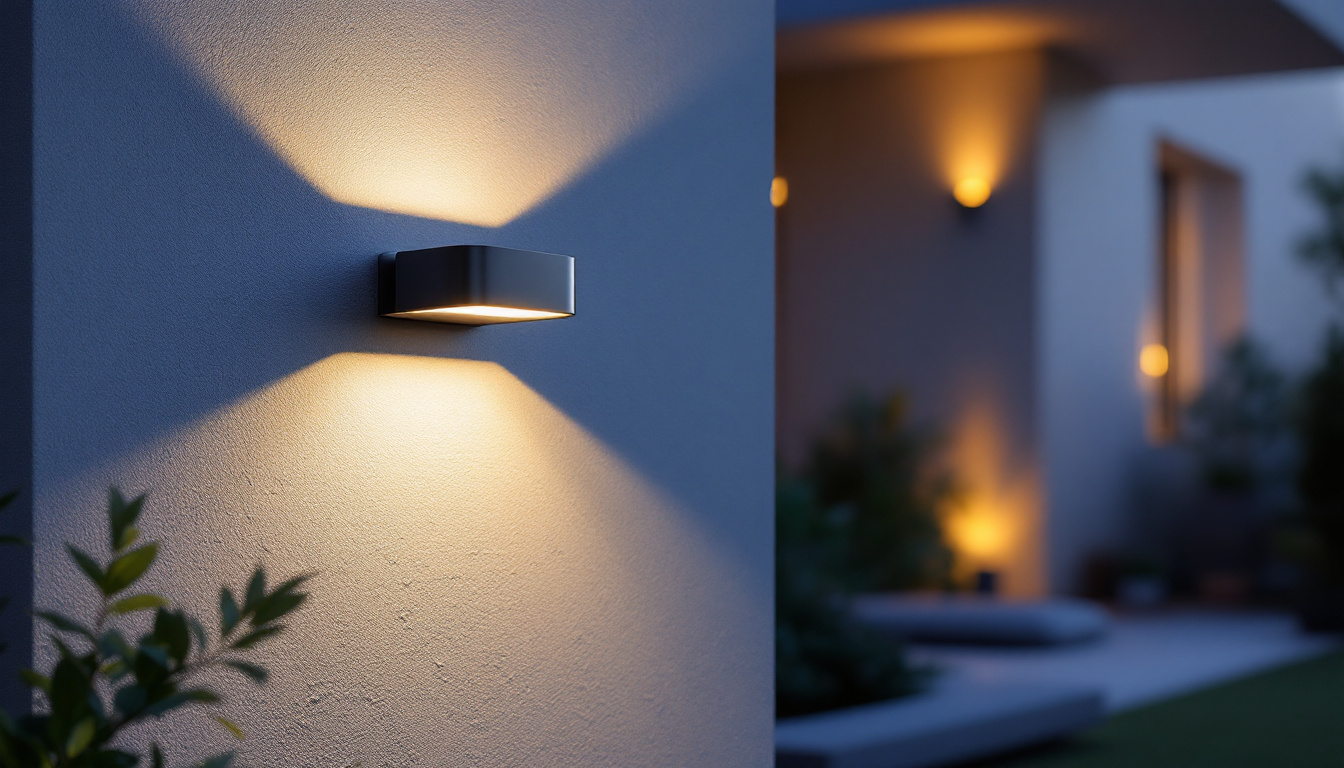 A photograph of a modern solar wall light illuminating a stylish outdoor space at dusk