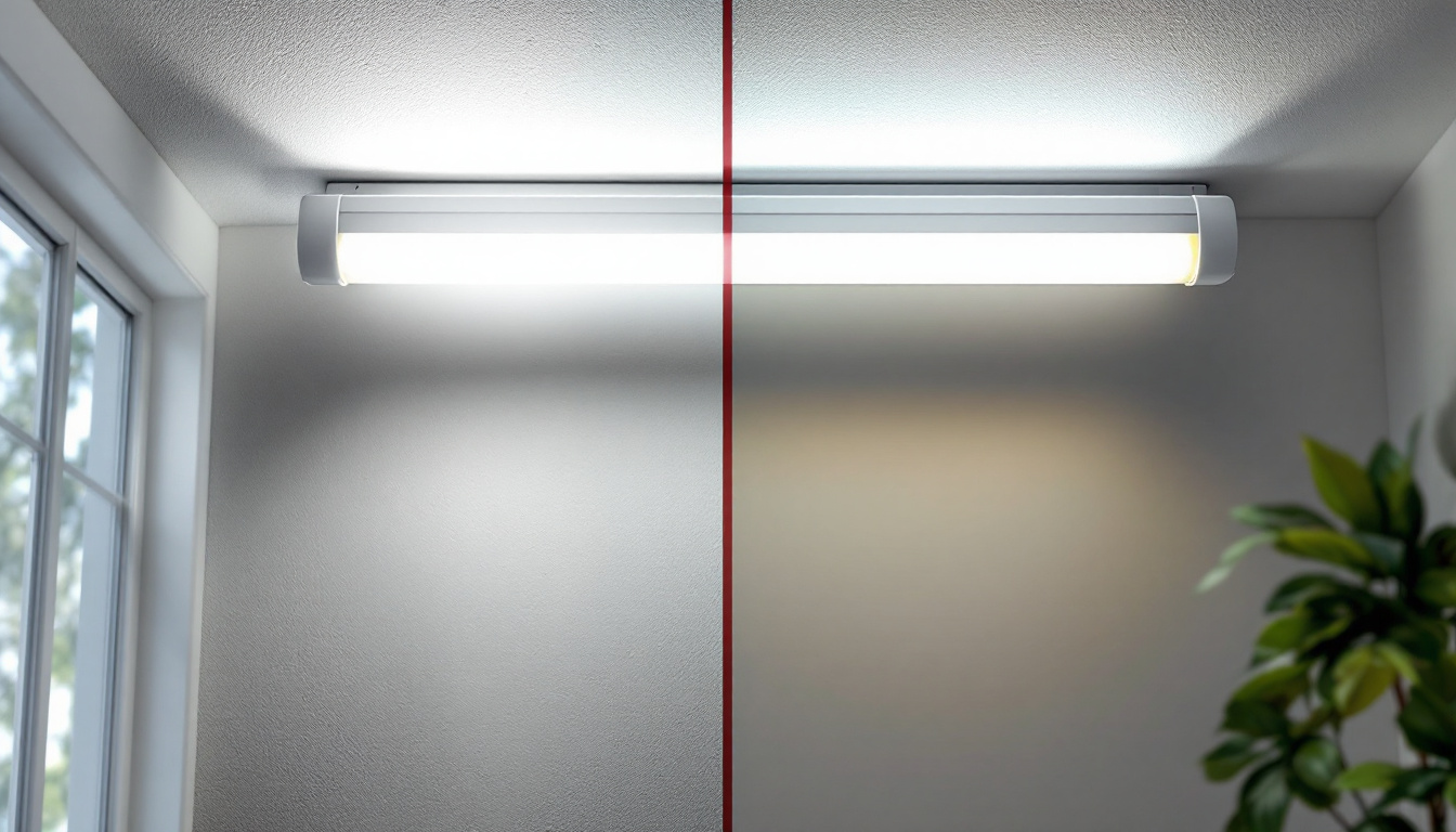 A photograph of a side-by-side comparison of a fluorescent tube and an led conversion tube installed in a well-lit environment