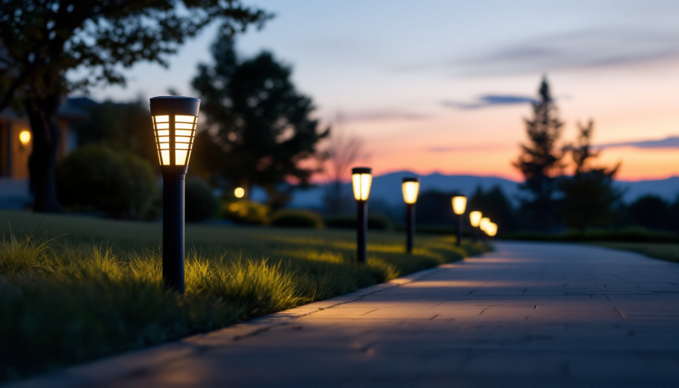 A photograph of a well-lit driveway at dusk