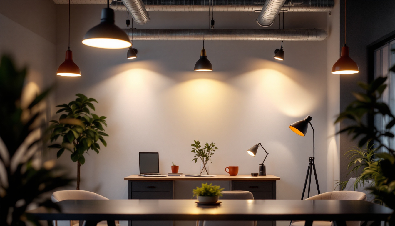A photograph of a modern office space featuring various light fixtures that demonstrate effective illumination