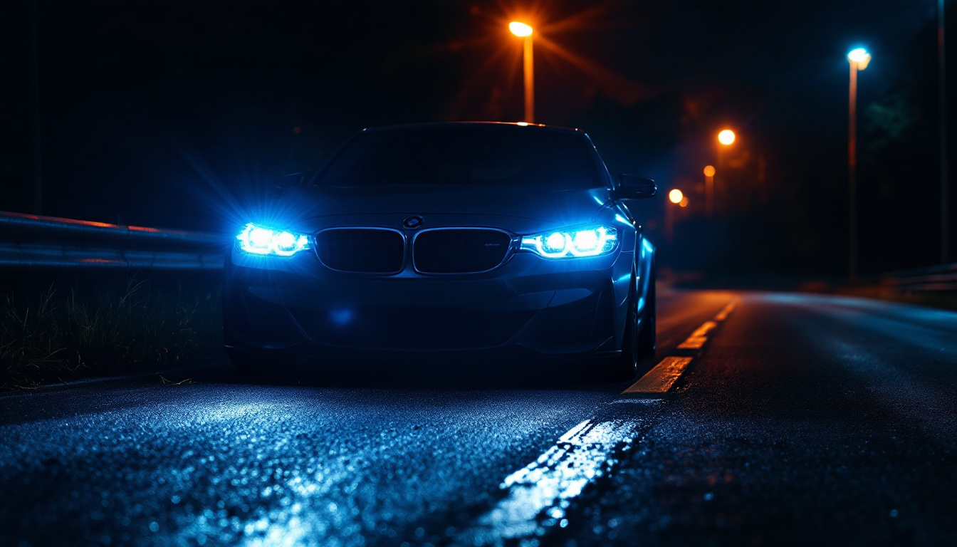 A photograph of a car equipped with hid lights illuminating a dark road at night