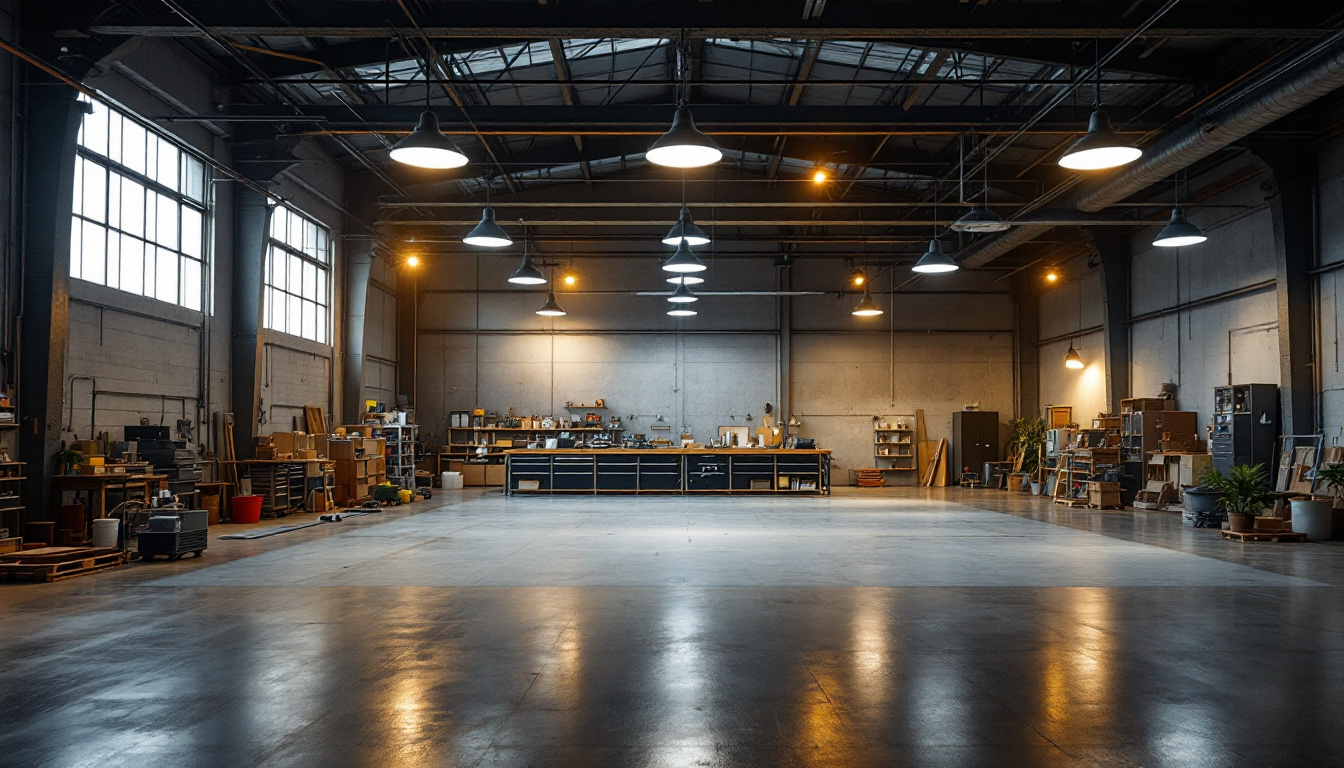 A photograph of a modern industrial space illuminated by ufo led high bay lights