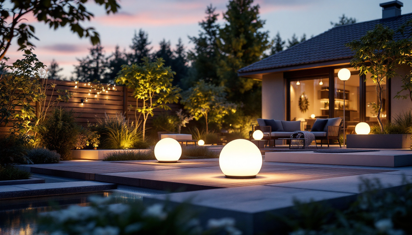 A photograph of a beautifully illuminated outdoor space featuring a variety of modern solar-powered lights
