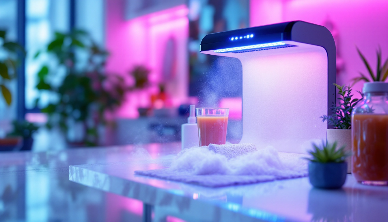 A photograph of a uv-c sanitizing light in action
