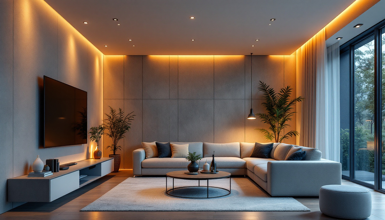 A photograph of a modern living space featuring multiple 6-inch recessed lights in action