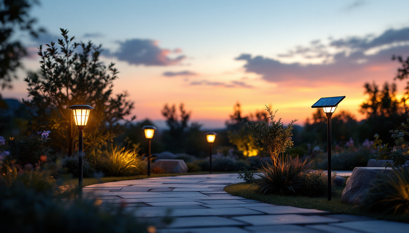 A photograph of a beautifully illuminated outdoor space featuring various styles of solar lights