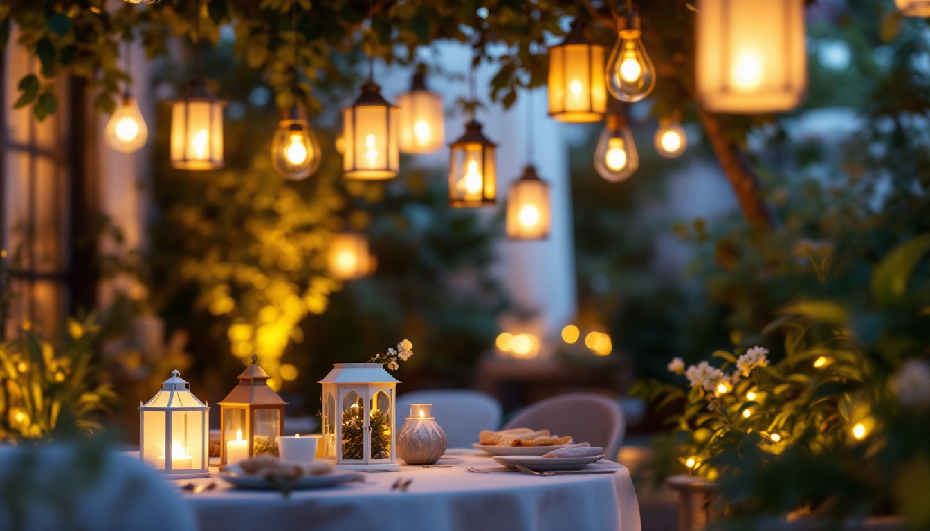 A photograph of a beautifully arranged outdoor setting featuring various hanging lanterns illuminated at dusk