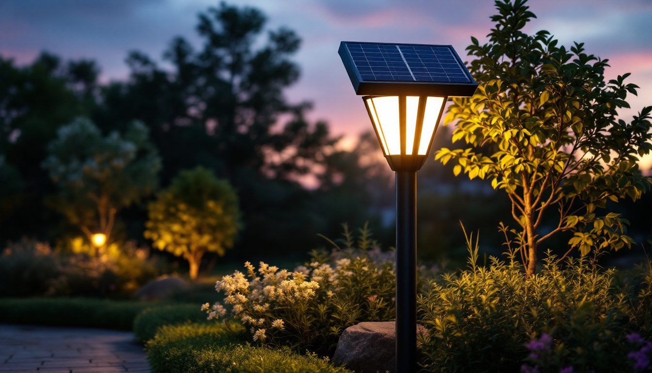 A photograph of a beautifully designed solar-powered light post illuminating a landscaped area at dusk