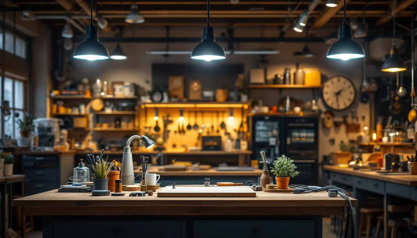 A photograph of a well-lit workshop or retail space showcasing plug-in led shop lights in action