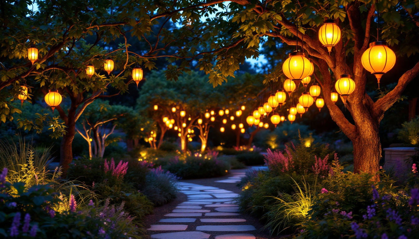 A photograph of a beautifully arranged outdoor setting featuring solar lanterns hanging from trees or structures