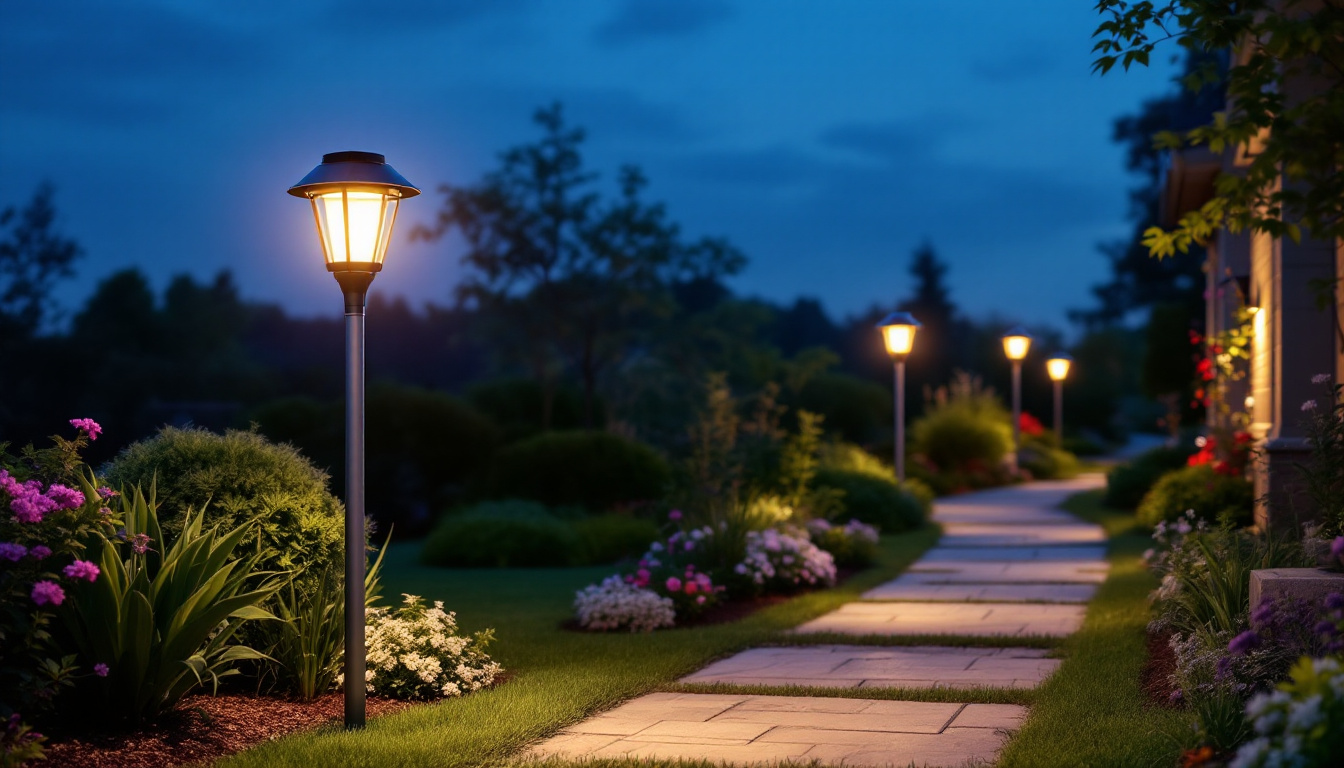 A photograph of a beautifully landscaped outdoor space at dusk