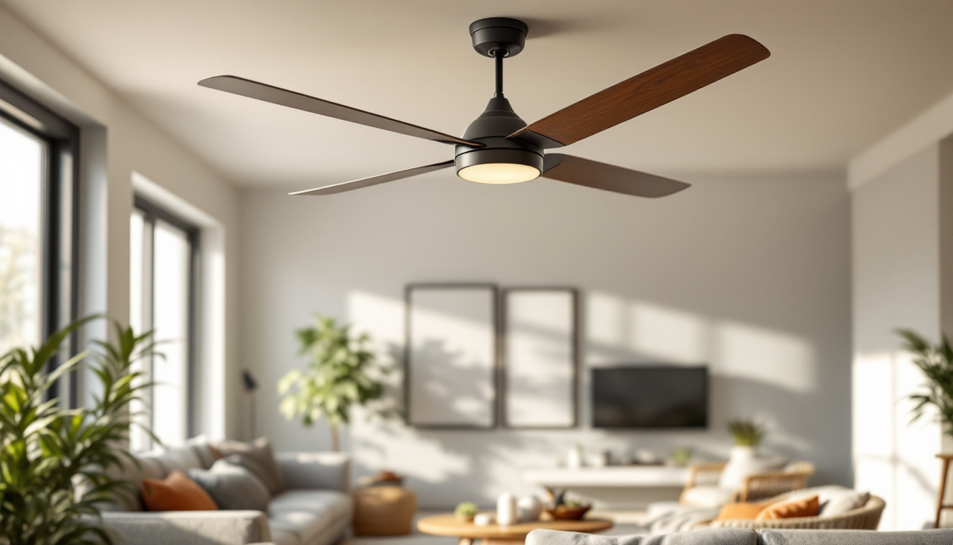A photograph of a modern ceiling fan installed in a stylish living space