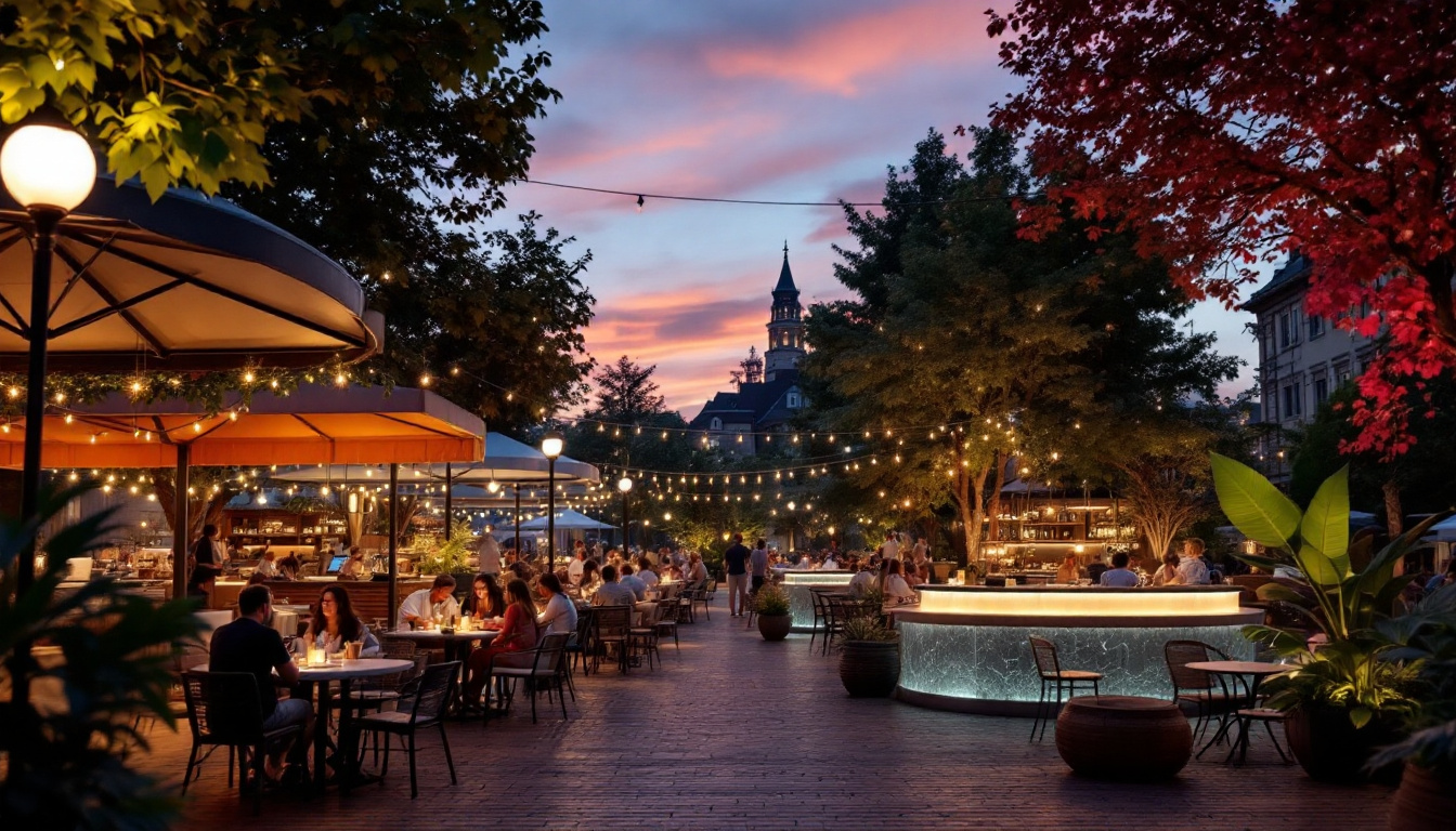 A photograph of a beautifully illuminated outdoor canopy space at dusk
