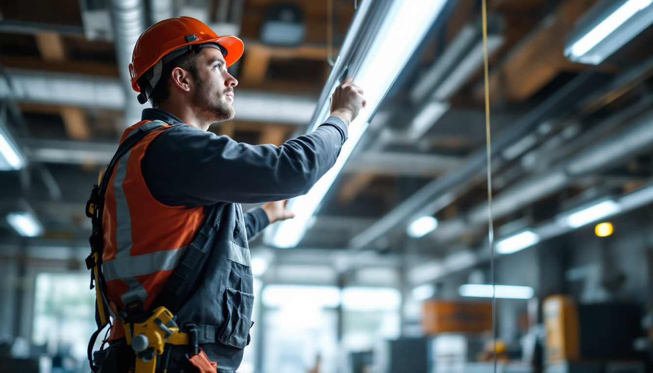 A photograph of a technician carefully installing a t8 fluorescent light fixture in a well-lit workspace